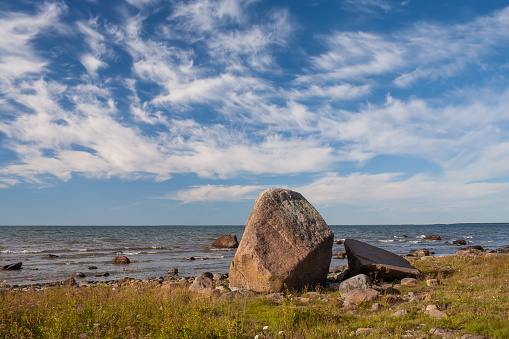 Big stone on the sea stone beach. Baltic sea Saaremaa island Estonia.