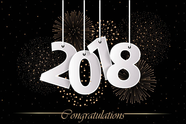 istock 2018 greeting card concept with paper cuted white numbers on ropes and fireworks. Vector illustration 880030898