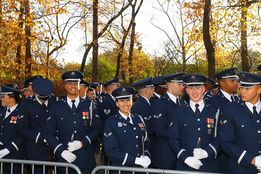 Members of the U.S. Air Force Band from Washington, D.C., await the start of the 91st Macys Thanksgiving Day Parade in New York, Nov. 23, 2017. (Photo: Gordon Donovan)