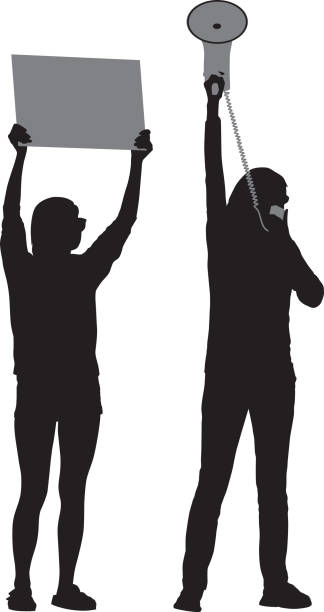 Mother And Daughter Protesting Vector silhouette of a mother and daughter standing side by side Protesting. megaphone silhouettes stock illustrations