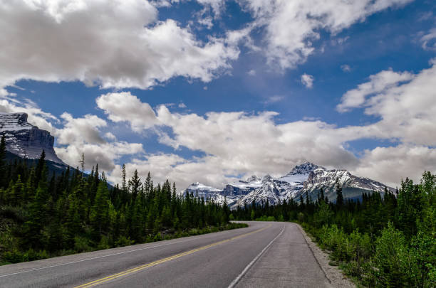 istock Road, highway  between the snow mountains and green forest 880093362