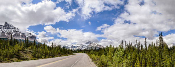 istock Road, highway  between the snow mountains and green forest 880093546