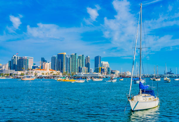 San Diego, CA, USA - July 31, 2023: San Diego cityscape with Hotel Marriott Marquis San Diego Marina.