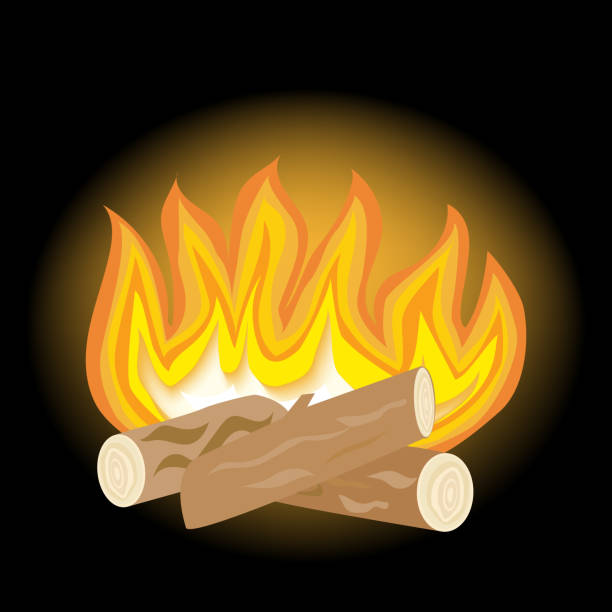 nacht am lagerfeuer. feuer, brennholz, kohlen. brennendes feuer. goldenes feuer flamme auf schwarzem hintergrund. gezeichnete vektor. - campfire coal burning flame stock-grafiken, -clipart, -cartoons und -symbole