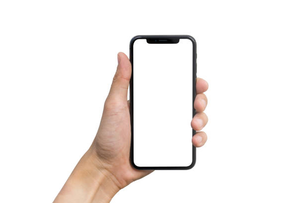 istock Man's hand shows mobile smartphone with white screen in vertical position isolated on white background 880121374