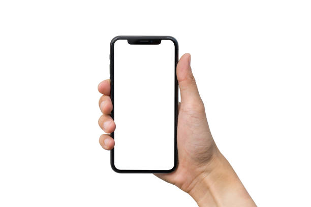 istock Man's hand shows mobile smartphone with white screen in vertical position isolated on white background 880121392