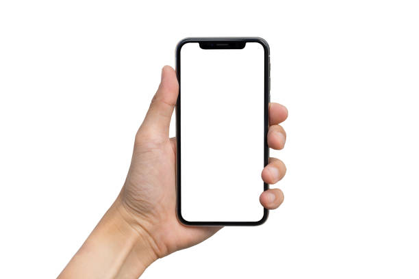 istock Man's hand shows mobile smartphone with white screen in vertical position isolated on white background 880121466