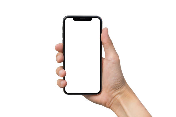 istock Man's hand shows mobile smartphone with white screen in vertical position isolated on white background 880121742