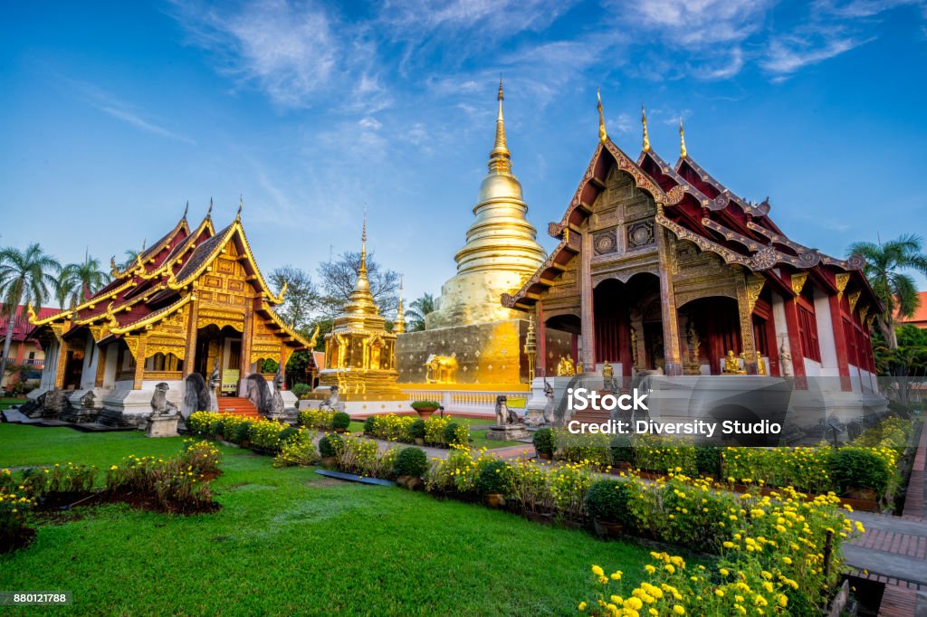 Sunrise scence of Wat Phra Singh temple. This temple contains supreme examples of Lanna art in the old city center of Chiang Mai,Thailand. Thailand Stock Photo