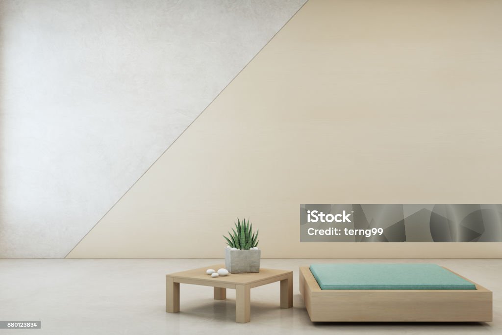 Indoor plant on wooden coffee table and minimal furniture with empty concrete wall background, Lounge in living room of modern house 3d rendering of home interior Zen-like Stock Photo