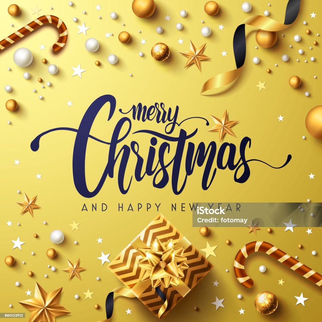 Buon Natale e Felice Capodanno Poster d'oro con scatola regalo dorata, nastro ed elementi decorativi natalizi. Illustrazione vettoriale EPS10 - arte vettoriale royalty-free di Natale