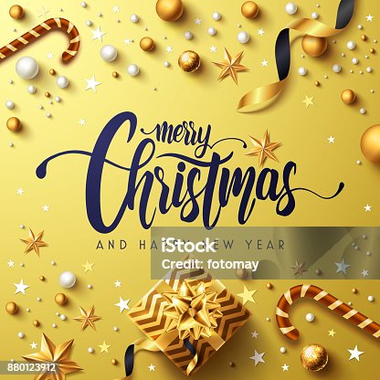 istock Merry Christmas and Happy New Years Golden Poster with golden gift box,ribbon and christmas decoration elements.Vector illustration EPS10 880123912