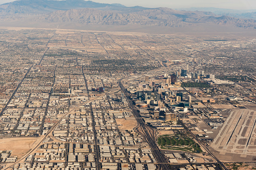Aerial View of Central Las Vegas with the Vegas Strip on the right
