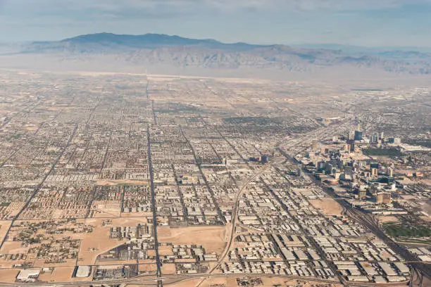 Aerial view of western Las Vegas with the Strip and the I-15 corridor on the right