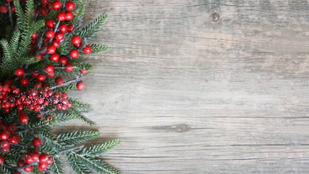 Holiday Evergreen Branches and Berries Over Wood Holiday Evergreen Branches and Berries Over Rustic Wood Background evergreen tree photos stock pictures, royalty-free photos & images