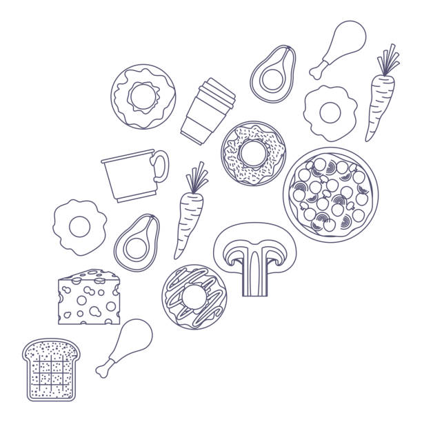 ilustrações, clipart, desenhos animados e ícones de fundo de alimentos em silhueta de cor azul sobre fundo branco - cheese portion backgrounds organic