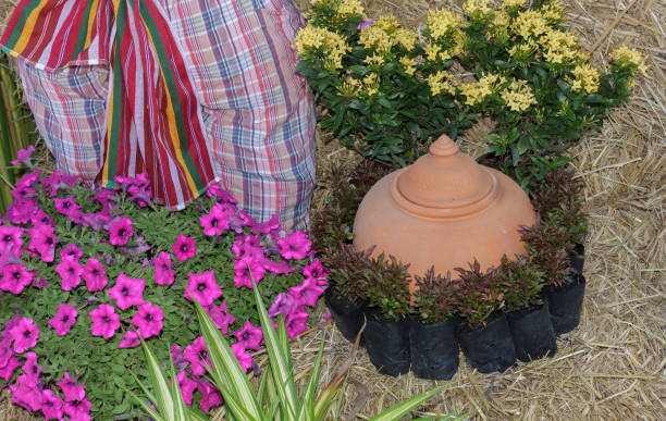 Clay jars for water in the garden.
