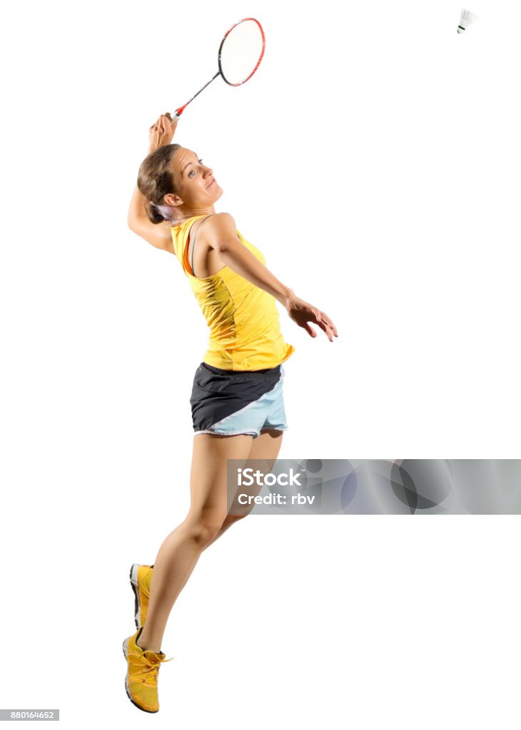 Young woman badminton player isolated Young woman badminton player isolated on white Badminton - Sport Stock Photo