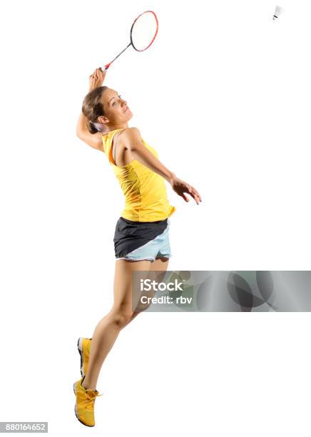 Young Woman Badminton Player Isolated Stock Photo - Download Image Now - Badminton - Sport, Jumping, Women