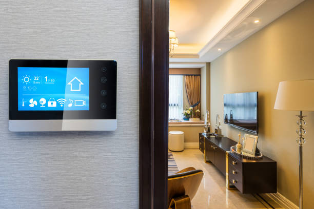 istock smart screen with smart home with modern living room 880167490