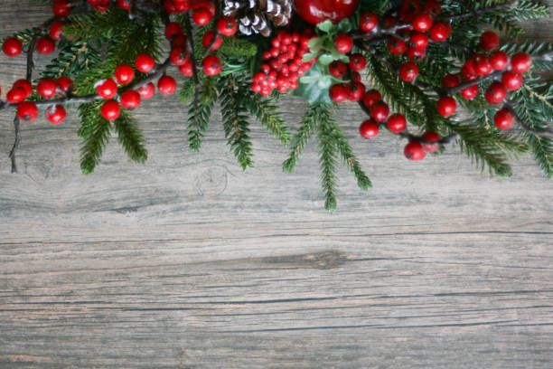Holiday Pine Branches and Berries Over Wood Horizontal Background
