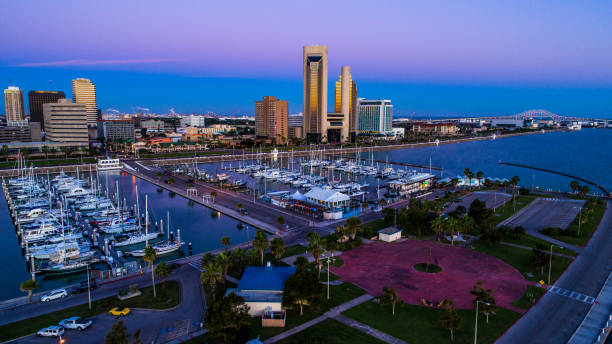 istock Purple and Deep Blue Tranquil Dawn Nightscape Morning Glow over Corpus Christi , TX Bayfront at sunrise 880174802