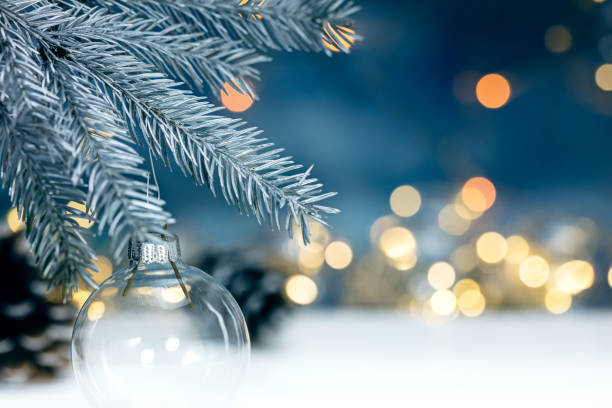 istock silver christmas tree branch with decorative ball on blurred lights background 880175836