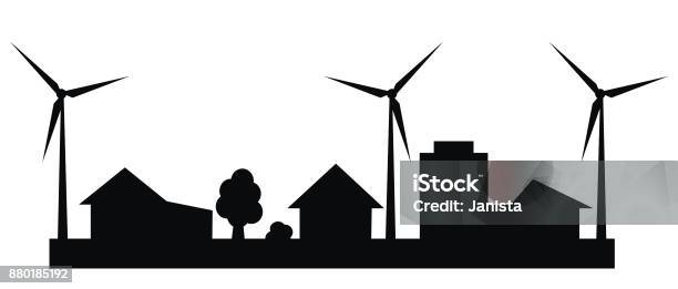 Cityscape Wind Power Plan Stock Illustration - Download Image Now - Windmill, Urban Skyline, Village