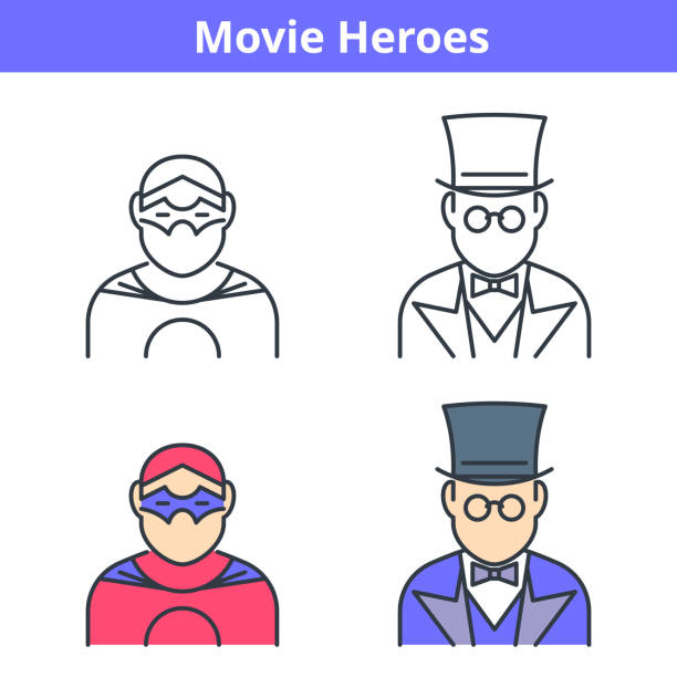 illustrazioni stock, clip art, cartoni animati e icone di tendenza di set di avatar vettoriali piatto e lineare: eroi del cinema e dei fumetti. - mask superhero heroes men