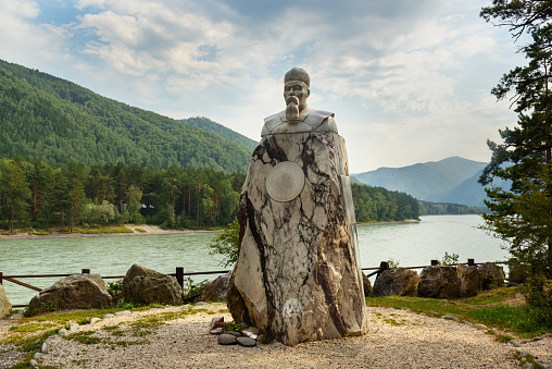 Turquoise Katun, Altai Republic: Marble monument to Nicholas Roerich on the bank of river Katun. It was opened in 2009