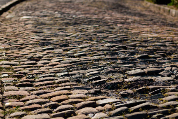 istock Old ruined paved cobblestone street 880198316