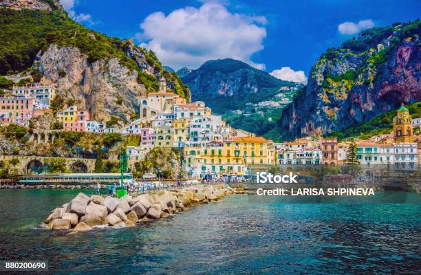 Wonderful Italy The Small Haven Of Amalfi Village With A Turquoise Sea And Colorful Houses On The Slopes Of The Coast Stock Photo - Download Image Now