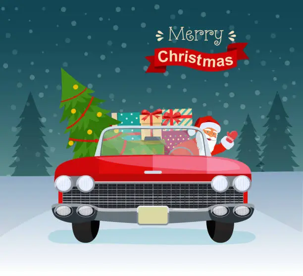Vector illustration of Vintage red cabriolet with santa claus, christmas tree and gift boxes. Vector flat style illustration