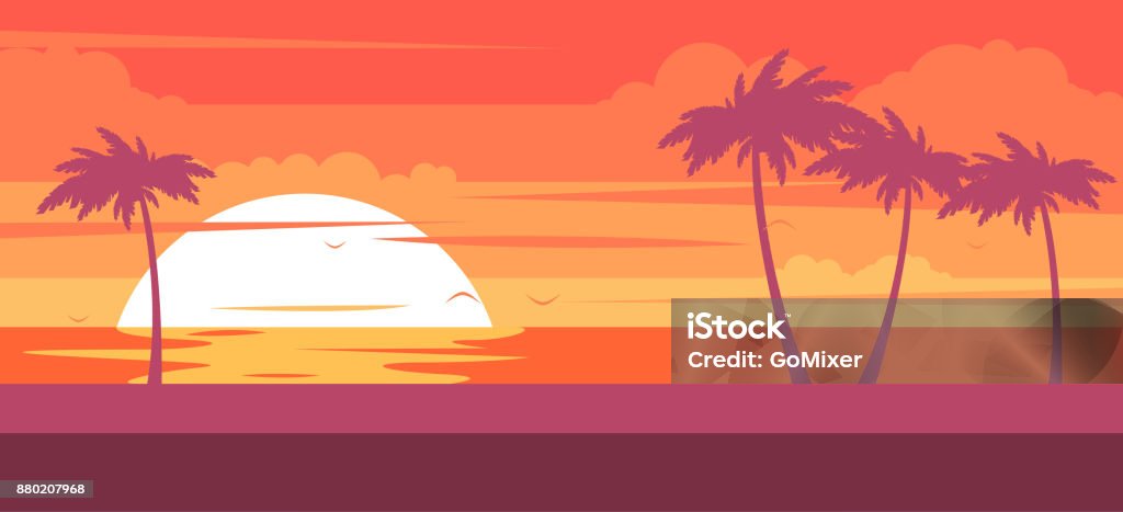 Spiaggia tropicale con palme e mare - località estiva al tramonto - arte vettoriale royalty-free di Spiaggia