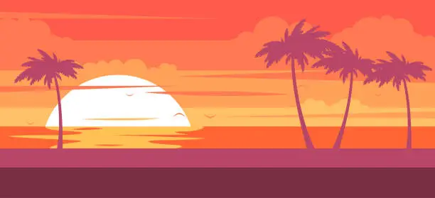 Vector illustration of Tropical beach with palm trees and sea - summer resort at sunset