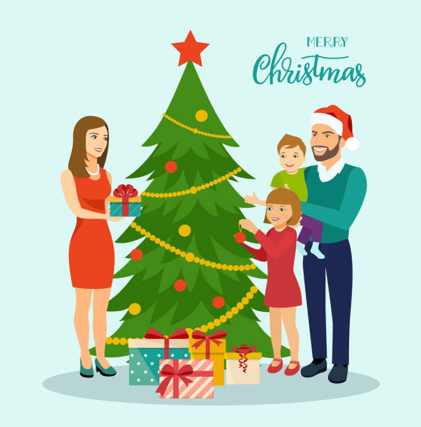 istock Family standing near christmas tree and decorating. Vector flat illustration 880210394