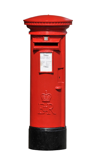 Elizabeth II red post office mail box cut out isolated on white background.