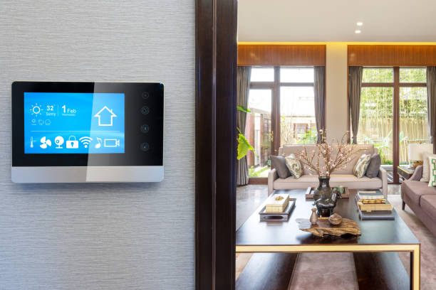 istock smart screen with smart home with modern living room 880271812