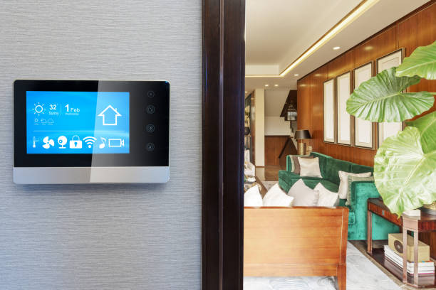 istock smart screen with smart home with modern living room 880271910