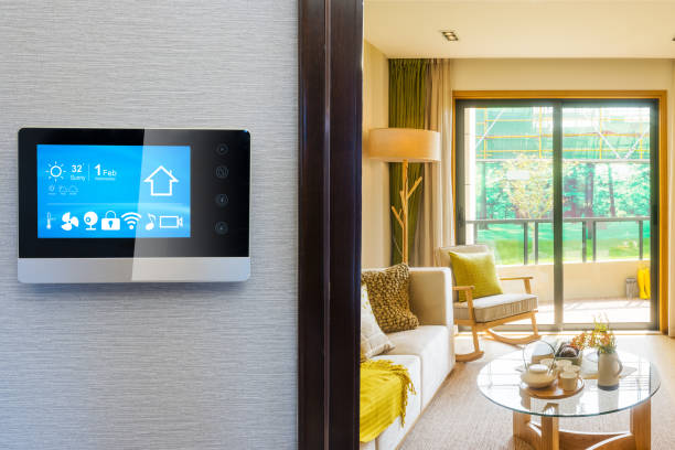 istock smart screen with smart home with modern living room 880276730