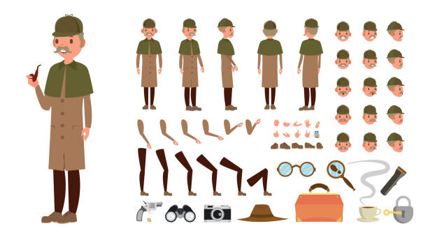 Detective Vector. Animated Tec Character Creation Set. Snoop, Shamus, Spotter Full Length, Front, Side, Back View, Poses, Emotions, Hairstyle, Gestures. Isolated Flat Cartoon Illustration Detective Vector. Animated Tec Character Creation Set. Snoop, Shamus, Spotter Full Length, Front, Side, Back View, Poses Emotions Hairstyle Gestures Isolated Illustration njemp tribe stock illustrations