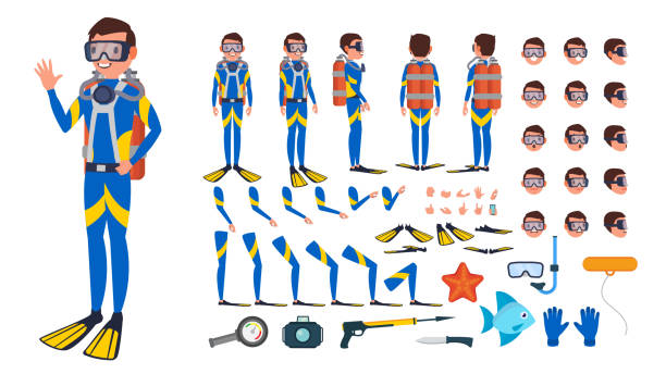 ilustraciones, imágenes clip art, dibujos animados e iconos de stock de buzo hombre vector. sistema de creación de personajes animados. bajo el agua. scuba diver. buceo snorkeling. completa de longitud, frente, lado, vista trasera, plantea, las emociones del rostro, gestos. aislado plano dibujos animados ilustración - aleta equipo de buceo