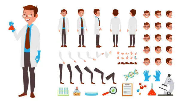 Vector illustration of Scientist Man Vector. Animated Character Creation Set. Full Length, Front, Side, Back View, Accessories, Poses, Face Emotions, Hairstyle, Gestures. Isolated Flat Cartoon Illustration