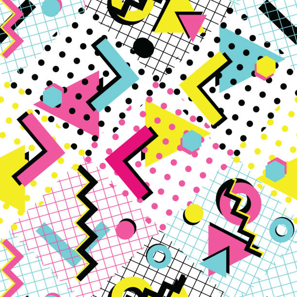 ilustraciones, imágenes clip art, dibujos animados e iconos de stock de abstracto colorido de los años 80 del estilo de patrones sin fisuras - image created 1990s
