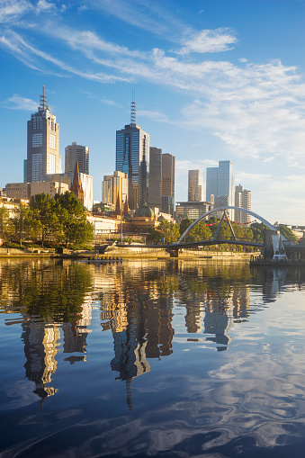 Melbourne's skyline, reflected in the Yarra River on a sunny morning.