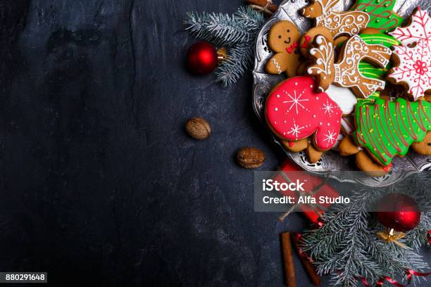 Dark Background And With A Layout In The Corner Of A Christmas Cookie View From Above Stock Photo - Download Image Now