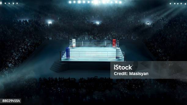 Boxing Arena With Stadium Light Stock Photo - Download Image Now - Boxing Ring, Boxing - Sport, People
