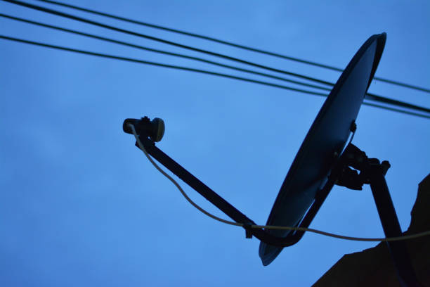 istock Satellite and cable and electric wire with dark blue sky. 880297050