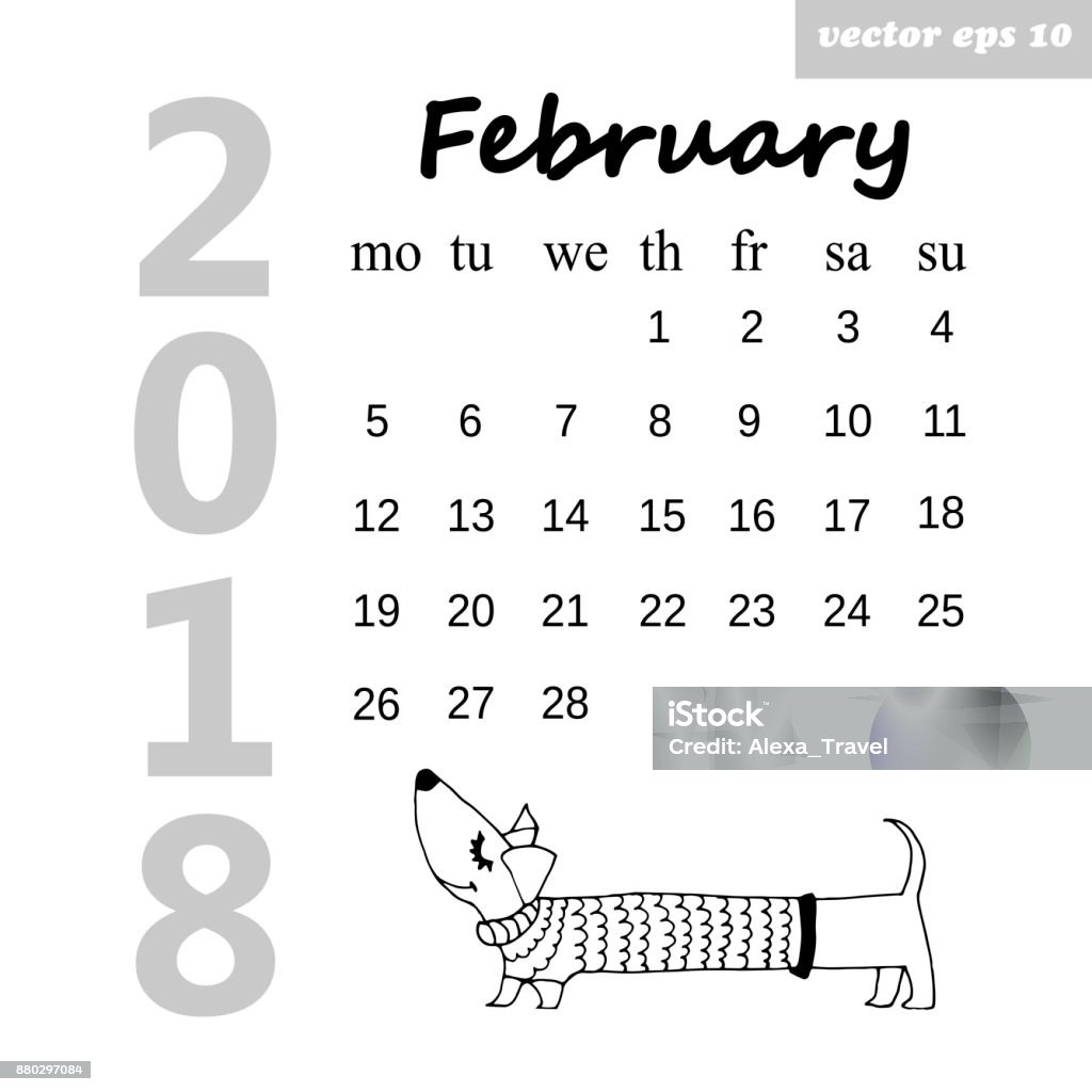february dog Month february 2018. Calendar for the next coming year. Hand drawn illustration. Element for daily, monthly, yearly planner, diary, poster, postcard, organizer 2018 stock vector
