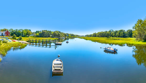 private boats anchor in the harbor of Harwich, Cap Cod peninsula, USA